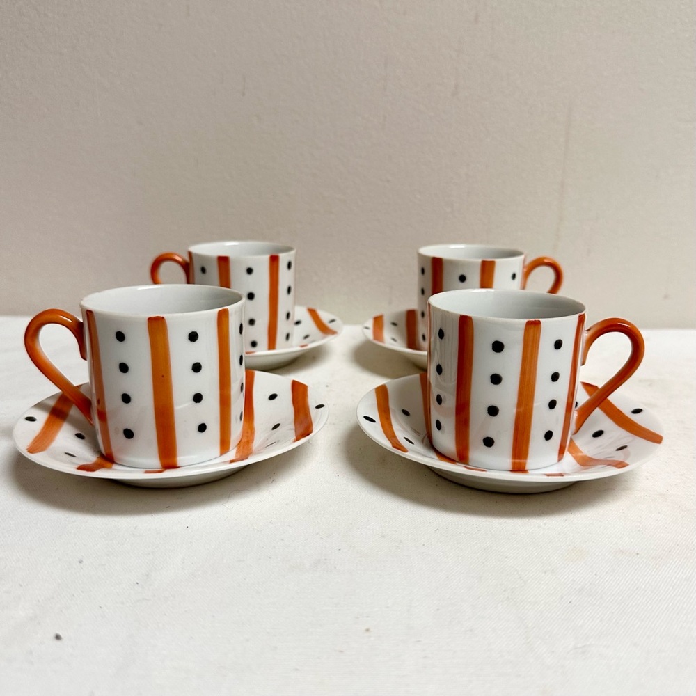 Mid-Century Orange Striped and Back Dotted Espresso Cup Set of 4 Japan